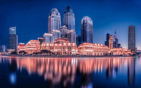 天津海河津湾广场蓝天夜景城市建