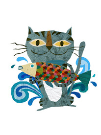 卡通插画 猫抓鱼
