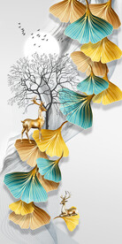 轻奢装饰画 弧线 杏叶麋鹿