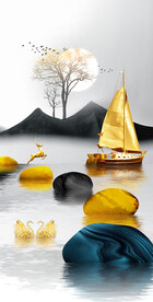 轻奢装饰画 石头麋鹿帆船