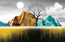 轻奢装饰画 新中式山水画 麋鹿