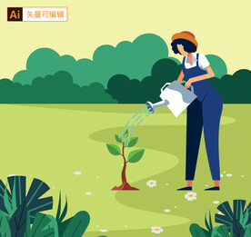 植树人物插画