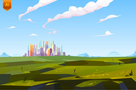 城市草原风景插画