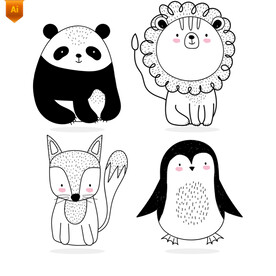 黑白简笔画动物