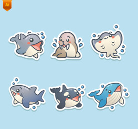 可爱卡通海洋动物矢量素材