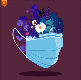 口罩鲜花矢量插图