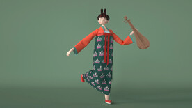 个性卡通中式古典仕女演奏乐器