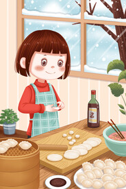在家包饺子的女孩