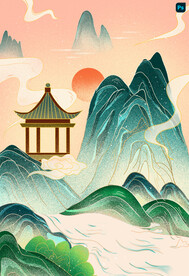 国潮山水亭台