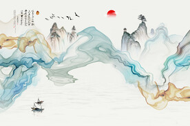 水墨山水简约花鸟背景客厅装饰画