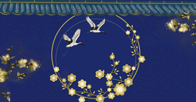 蓝色墙体花卉白鹤背景