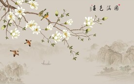 水墨山水简约花鸟背景客厅装饰画