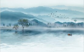 水墨山水简约花鸟背景客厅装饰画