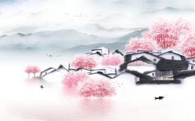 水墨山水简约花鸟背景客厅装饰画