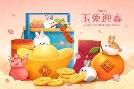 春节兔年灯笼元宝玉兔矢量插画