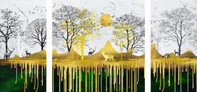树林水彩风景画三联挂画装饰画