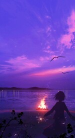 蓝紫色幻想日落与飞鸟