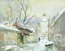 水彩画白塔雪景