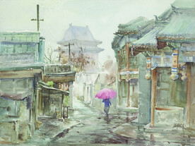 水彩画雨雾斜街