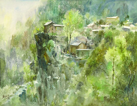 水彩画雨中崖居