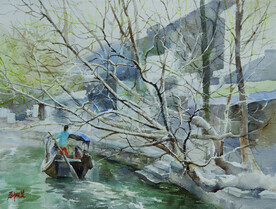 水彩画水乡春意