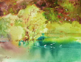 水彩画翠湖秋影