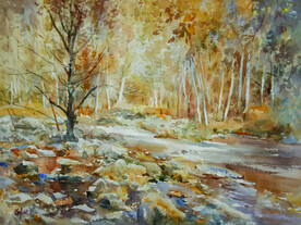 水彩画河滩秋色