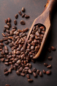 木铲里的优质松子特写摄影