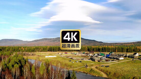 远山树林河畔村落美景