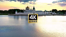 夕阳下海边白色城堡美景