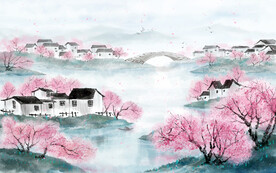 远山桃花风景图