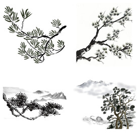 水墨松树松枝迎客松水墨画