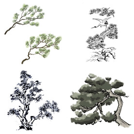 中国风水墨松树松枝迎客松水墨画