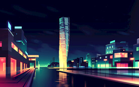 夜晚城市高楼大厦插画风格背景