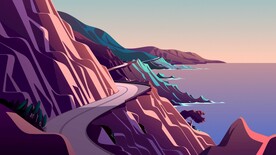 大海山峰树林插画风格背景