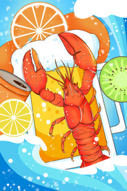 龙虾啤酒海浪插画