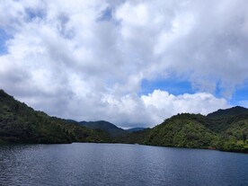 蓝色白云树林山河