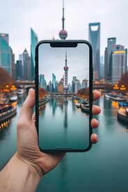 手持手机拍摄上海风景