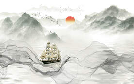山水画 帆船 水墨 古风