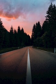 彩霞下的林间道路