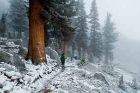 冬季山路上的徙步登山者