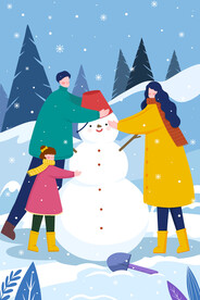 卡通冬季堆雪人插画