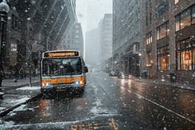 下雪的街景和公交车