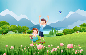 卡通手绘春季草地上玩耍的孩