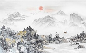 中式青绿山水国画电视背景墙