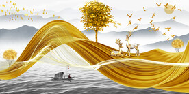 金色丝带麋鹿意境山水装饰画