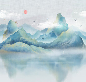 蓝色雅致青山绿水中国风水墨画背