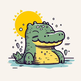 可爱晒太阳的鳄鱼卡通画儿童插画