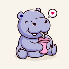 有趣喝奶茶河马卡通绘画儿童插画