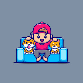 可爱男孩狗狗沙发卡通儿童插画